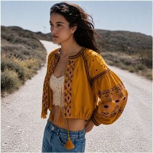 Boho Embroidered Balloon Sleeve‎ Jacket Womens S Mustard Yellow Festival Indie